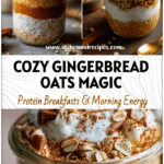 A jar of gingerbread overnight oats layered with yogurt, oats, and festive spices for a heart healthy winter breakfast.